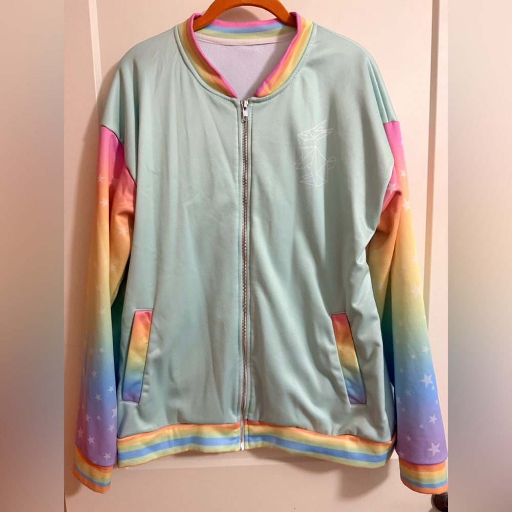 Unisex Large Mint Green Rainbow Star Ombre Zip Hoodie